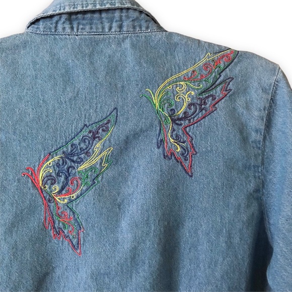 Sierra Pacific Short Sleeve Denim Jean Button Up Rainbow Butterfly Embroidery - Picture 3 of 6